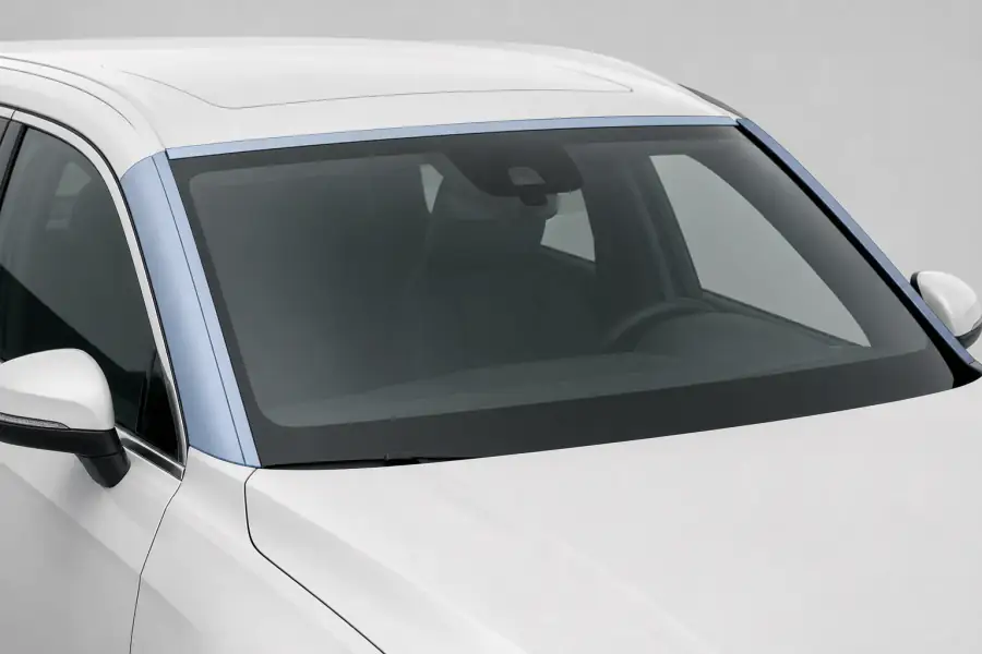 A-Pillars + Roof Line paint protection film coverage shown in smoke blue on a white vehicle
