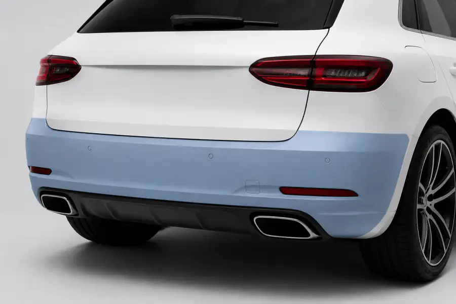 Rear Bumper paint protection film coverage shown in smoke blue on a white vehicle