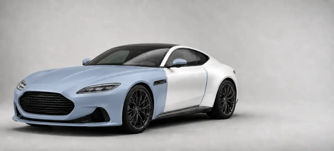 Full front paint protection film coverage shown in smoke blue on a white car